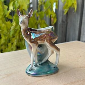 Vintage Pearlescent Glaze Iridescent Deer Figurine Small Planter Marked Foreign